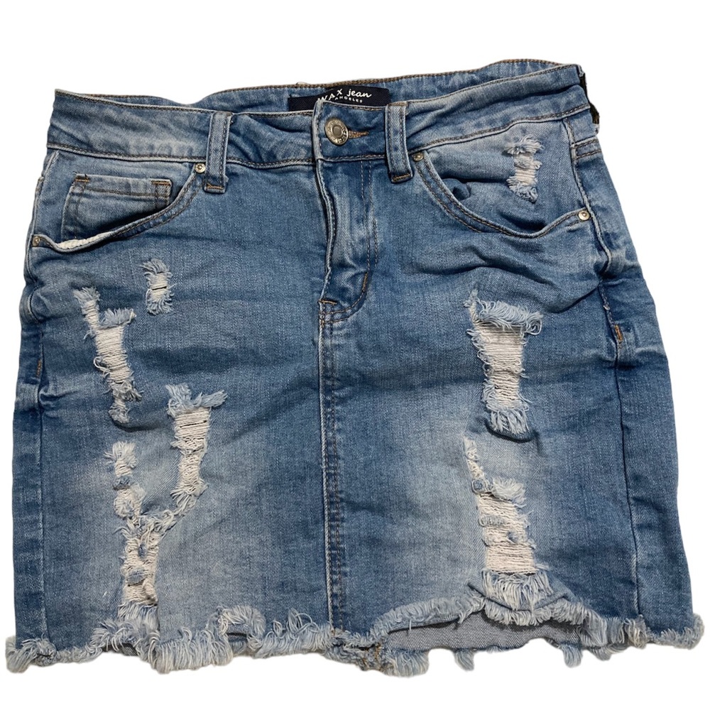 Blue denim distressed mini skirt